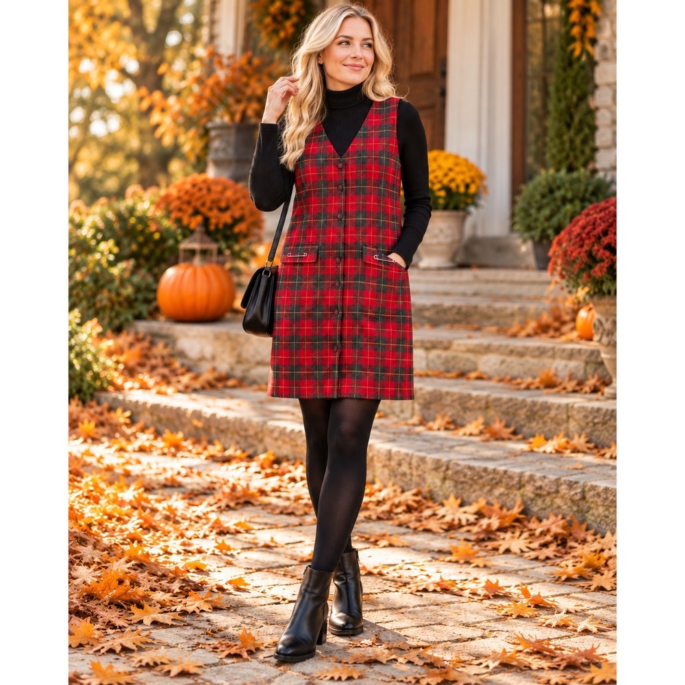 VTG Red Black Plaid Jumper Wool Blend Button Front Long Dress 14 Sag Harbor